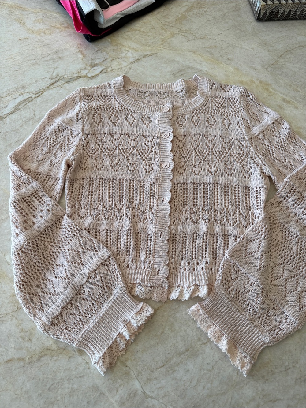 Cropped Openwork Knit Cardigan - Pale Pink